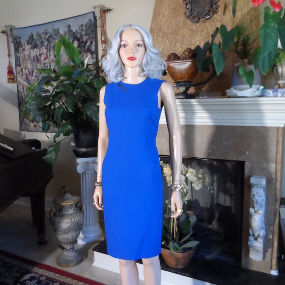 Versace Cobalt Blue Wool Sheath Dress w/Black Beading Detail Size IT 38 - US 6 - Picture 3 of 16